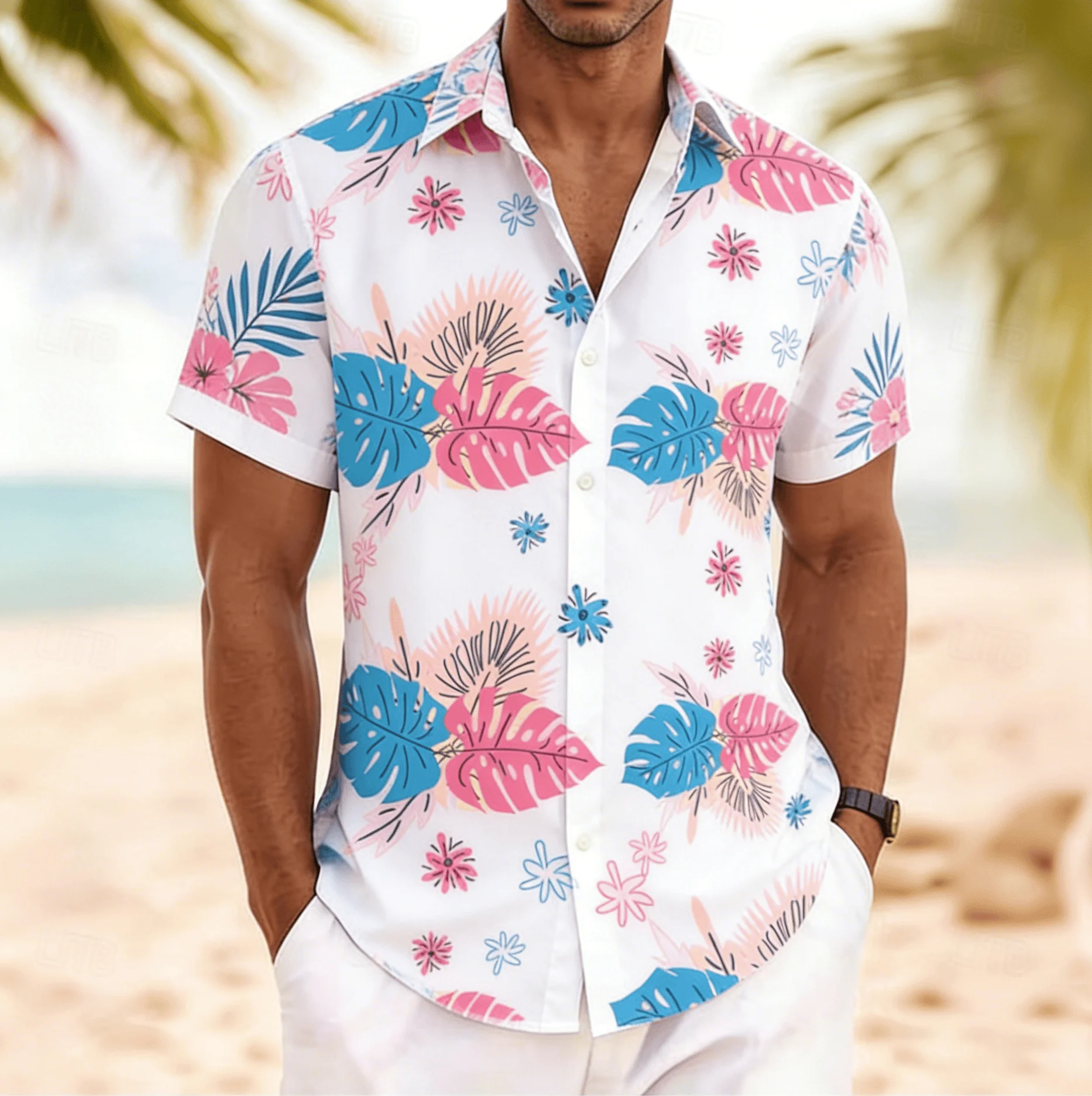 

Men's Pink Blue Color Block Monstera & Floral Print Short Sleeve Shirt, Summer Fresh Hawaiian Vacation Blouse, Loose Casual Top