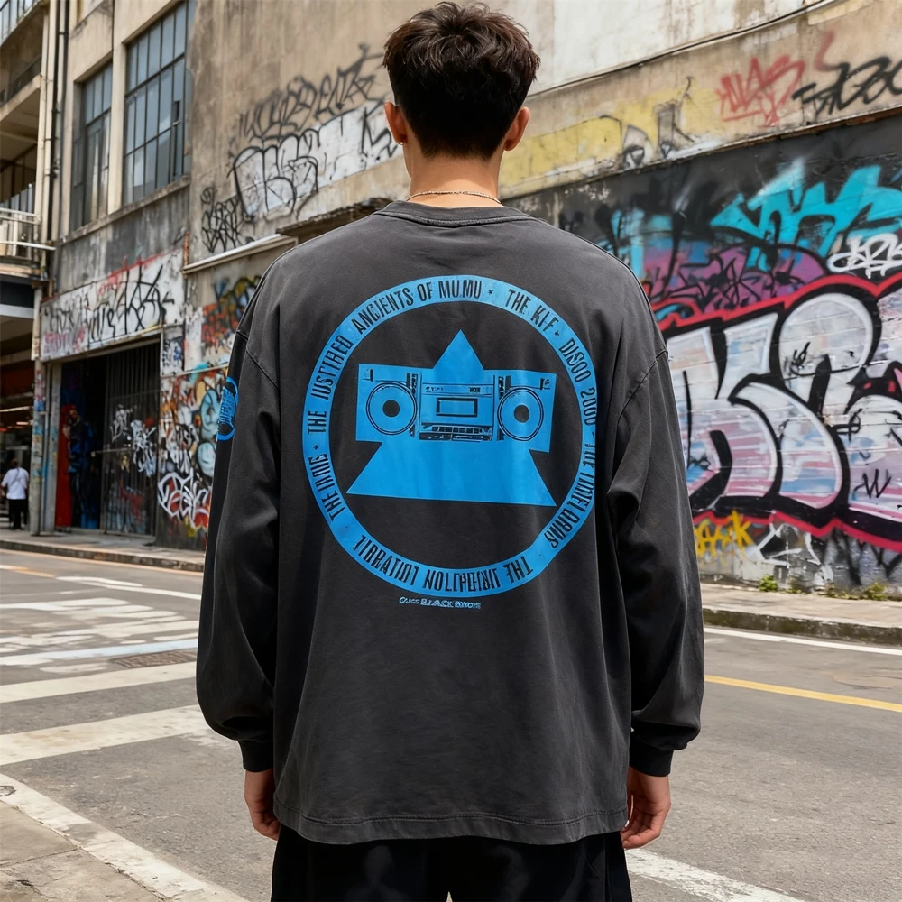 KUCLUT Fashion 1:1 SAINT Japanese Style Quality Tops Vintage Graphics Long Sleeves Tee 100%Cotton Oversized Loose T Shirt Men