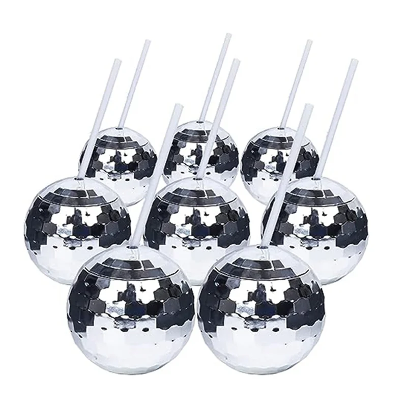 Glitter Ball Cups Round Ball Cups Plastic Cups Straw Cups 8Pcs Reusable Cocktail Glasses for New Year'S Eve,