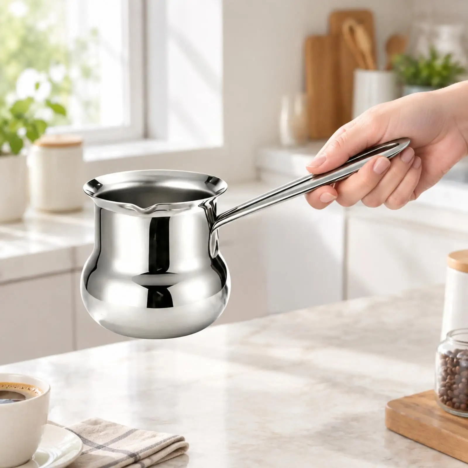 Polished Stainless Steel Milk Frothing Pitcher with Long Metal Handle and Open Design for Easy Steaming and Consistent Pouring