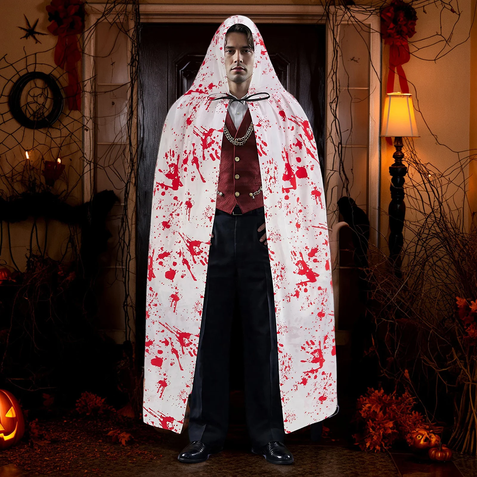 

Кровавый плащ для детей и взрослых, черный/белый костюм ведьмы на Хэллоуин, накидка с завязкой спереди и капюшоном