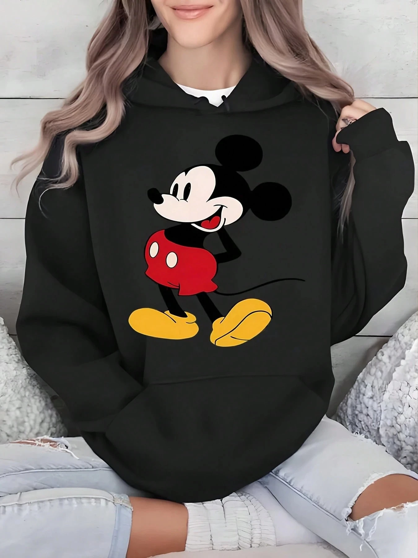 

Женская толстовка с рисунком Микки Мауса Диснея, осенне-зимняя флисовая толстовка с капюшоном, уличная одежда унисекс, свободная повседневная одежда большого размера