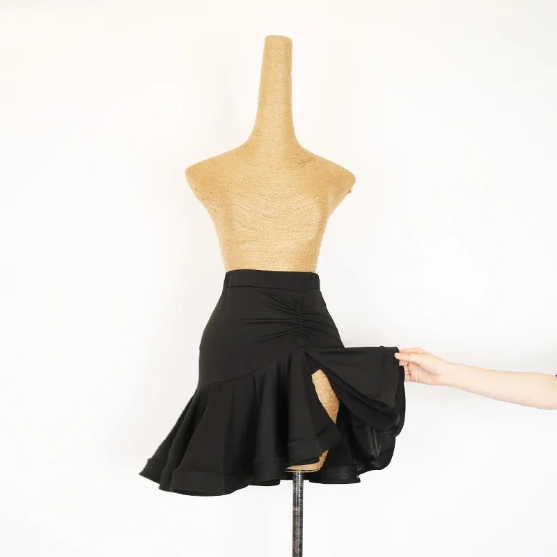 2024 New Latin Dance Skirt Women Sexy Slit Black Salsa Skirt Adult Cha Cha Rumba Dance Clothes Practice Training Wear DNV21484