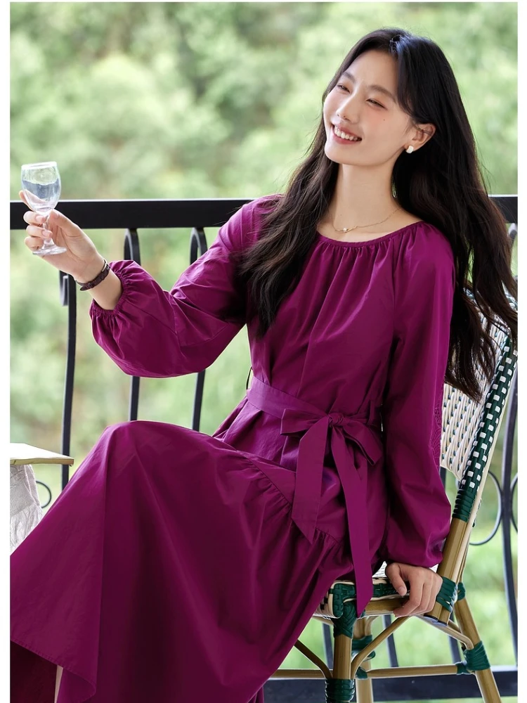 VIMLY Long Dresses 2025 Woman Autumn Elegant Party Pure Cotton Embroidered Hollow Out Dresses Round Neck A-line Lady Dress A2013