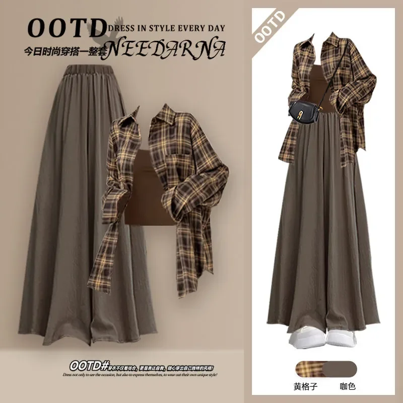 

Комплект одежды Майяра, весна-осень 2024, новая клетчатая рубашка, жилет, слинг с юбкой, брюки, комплект из трех предметов