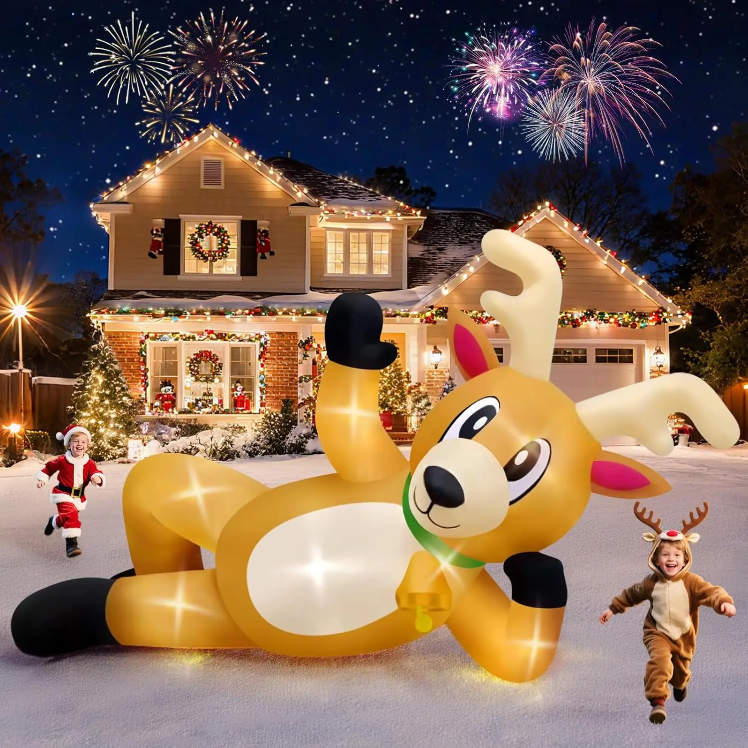 10.5FT Inflatable Lying Reindeer Christmas Outdoor Decoration with Built-in Lights Xmas Home Garden Festive Decor