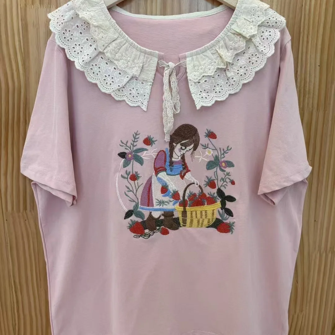

Summer New Ins Cartoon Embroidery Round Collar Short Sleeve T-Shirt Women Japanese Mori Girl Casual Loose Pullover Tops