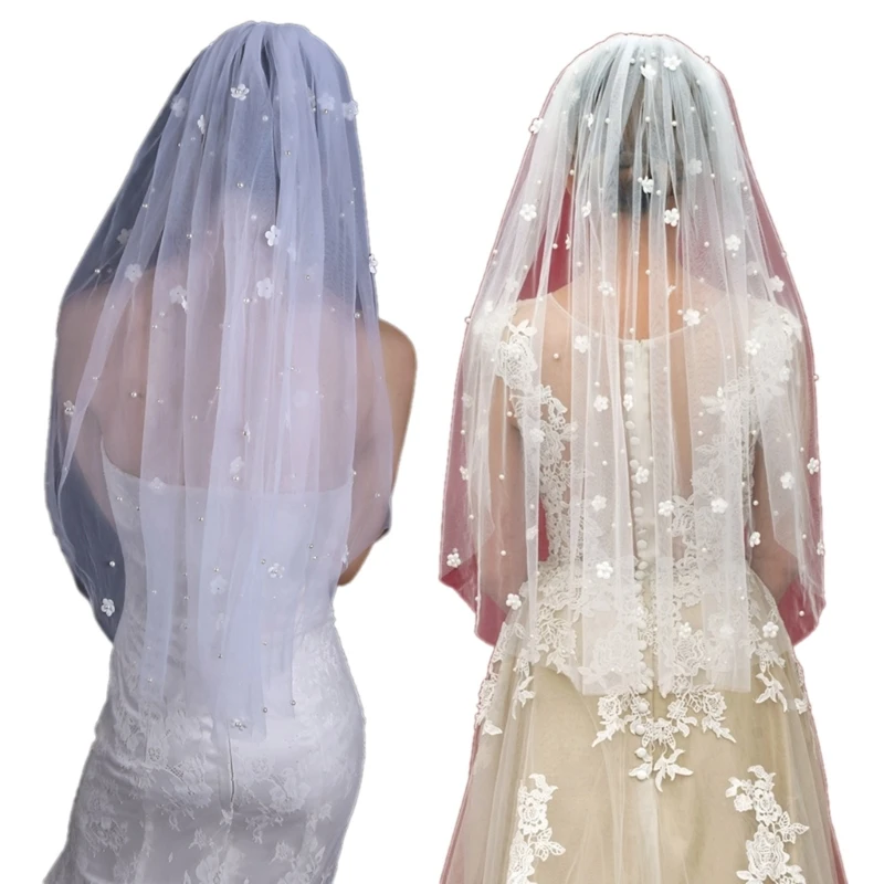 

Short Wedding Veil Studded Pearls Wedding Veil for Bride Shower Headscarf