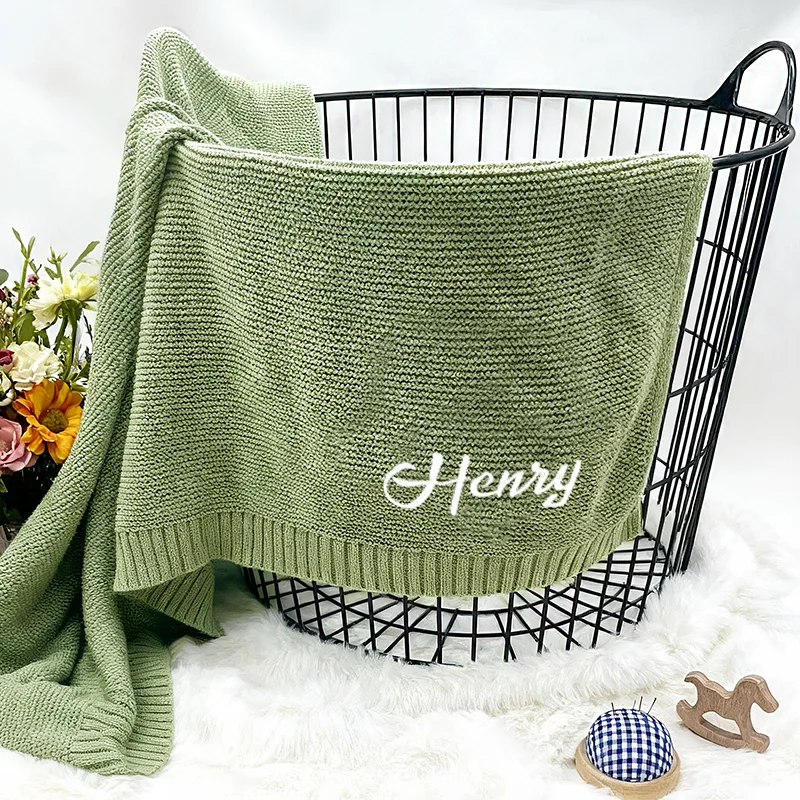 

Personalized Embroidered Name Soft Knitted Cotton Baby Blanket 0-3Y Swaddle Stroller Cover Newborn Baby Shower Baptism Gift
