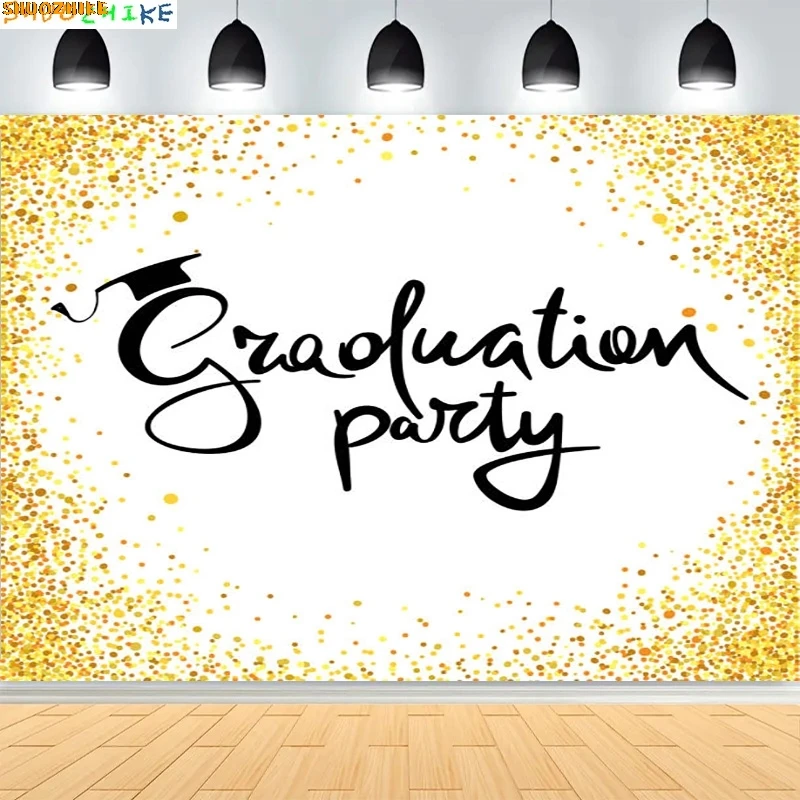 

Black Gold Graduation Background Grad Ceremony Party Decorations Bachelor Hat Glitter Balloons Class Photography Backdrops JM-04