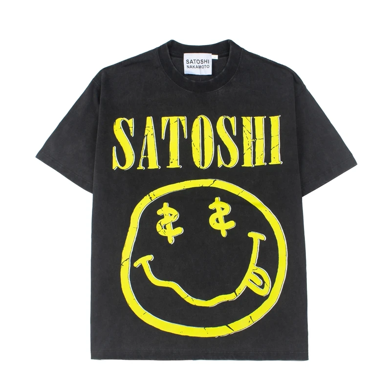 Summer fashion brand SATOSHI smiling face printed pure cotton T-shirt loose casual retro distressed hole T-shirt top