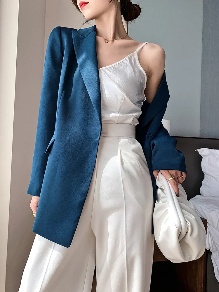 Blue Blazer for Women 2024 Spring Autumn Trendy Korean Style Luxury Satin Suit Jacket OL Work Coat Female Outerwear