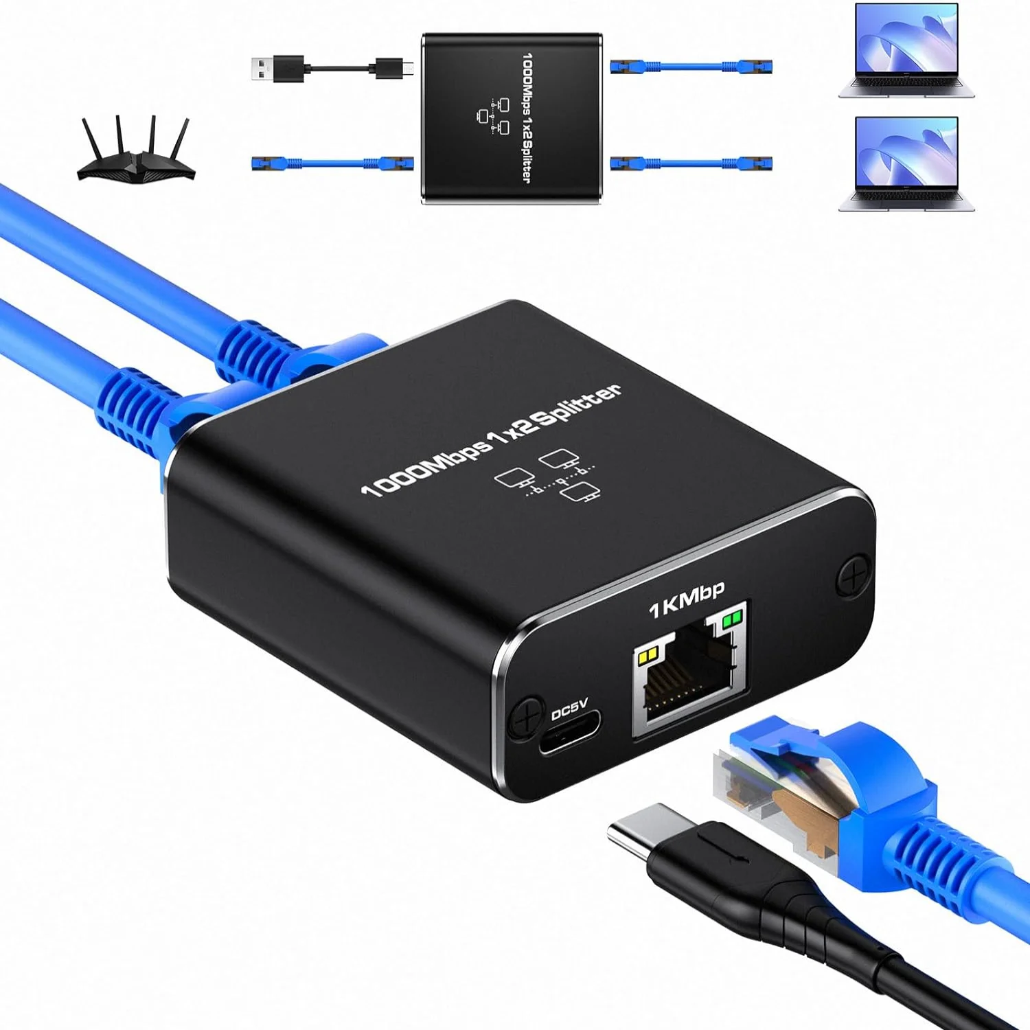 Ethernet Splitter 1 to 2 High Speed 1000Mbps, Gigabit Ethernet Splitter, Network Splitter with USB Power Cable, RJ45 Splitter fo