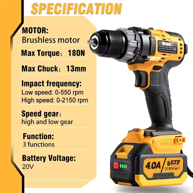 BABEQ 13MM 180NM Brushless Electric Impact Drill 3 Functions Cordless Screwdriver Drill 4.0Ah Li-Ion Batteries DIY Power Tool