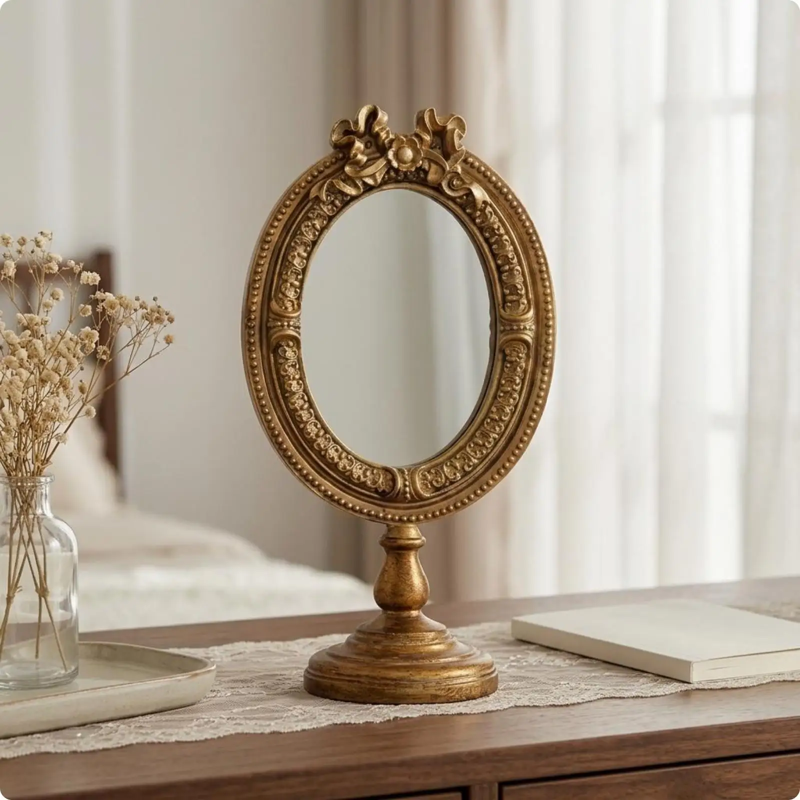 Decorative Mirror Frame French Style Oval Tabletop Mirror Vintage Vanity Mirror for Desk Makeup Display