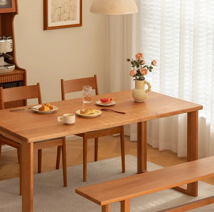 The solid wood dining table is thickened and the Nordic cherry log rectangular large plate workbench is enlarged