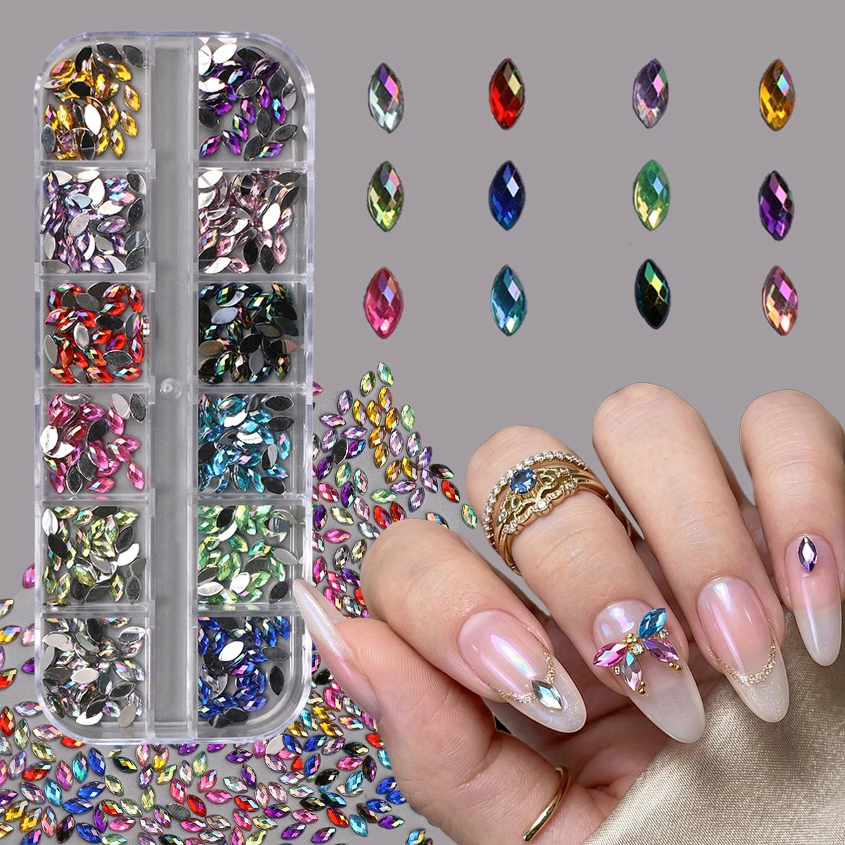 12Compartments Horse Eye Nail Stones Multi Color AB Flatback Glass Crystals Gems for Spring Summer Party Manicure Art Decoration