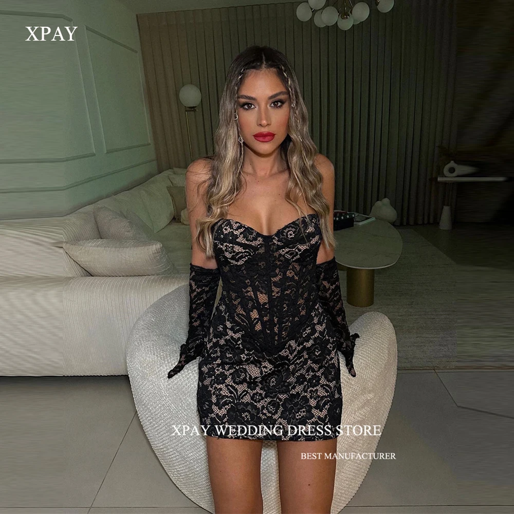 

XPAY Sexy Black Short Prom Dresses Sweetheart Boning Mini Cocktail Dress Robe de soiree With Gloves Night Event Dress