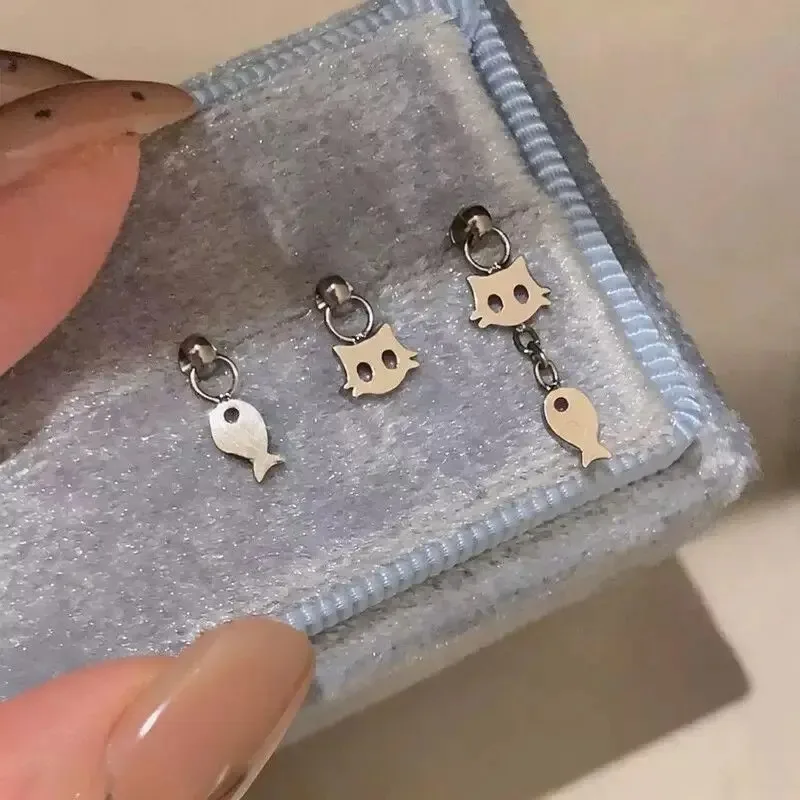 Cute Cat Pendant Tragus Helix Bar Flat Ear Studs Ear Piercings Body Jewelry for Women Daily Wear Party Decor Accessories 1.2mm
