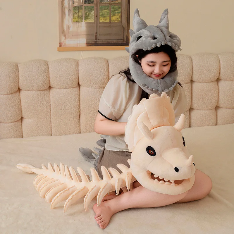 Cute Tri Horned Dinosaur Skeleton Plush Wearable Headgear Funny Cosplay Costume Stuffed Toy for gifts.