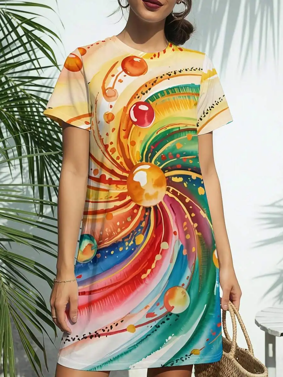 

Womens Crew Neck Short Sleeve T-Shirt Dress Digital Print Casual Summer Dress