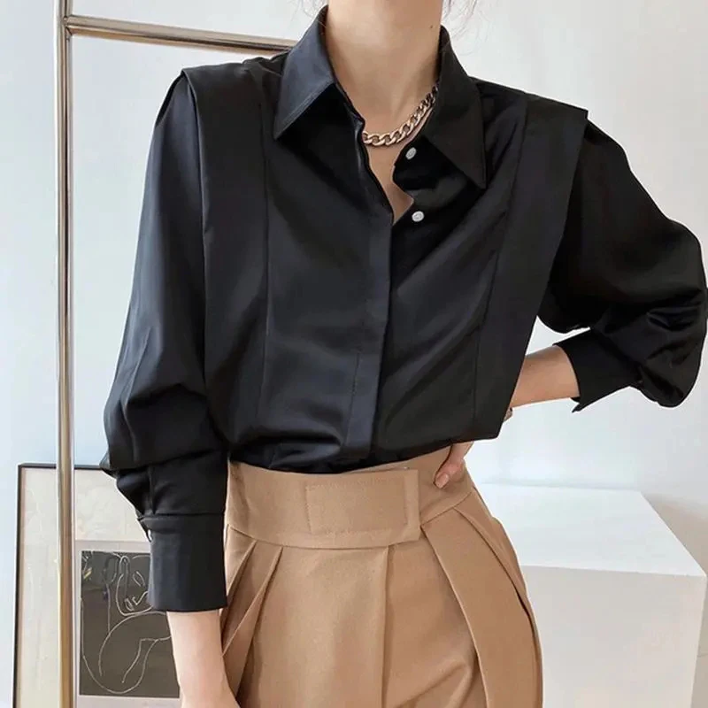 

Korean Women Elegant Satin White Shirt Long Sleeve Loose Lazy Casual Blouse Spring Fall Fashion Classic Simple Commuter Top