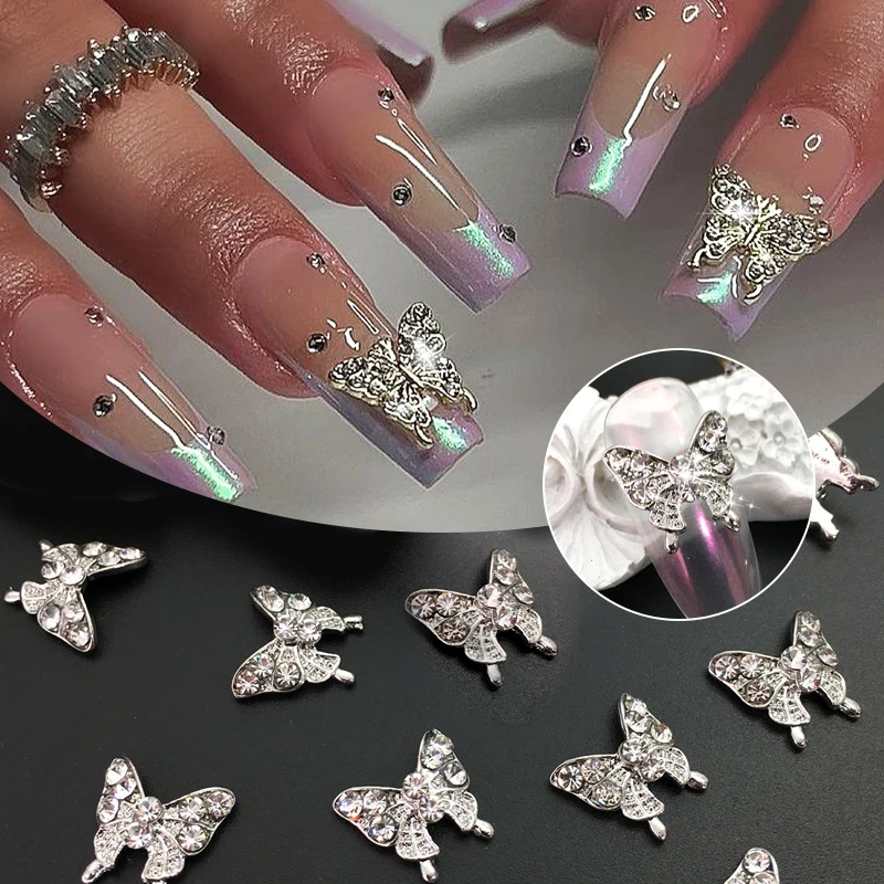 10Pcs 3D Nail Decoration Shining Butterfly Heart Nail Rhinestone Charms For Nail Art Alloy Accessories Jewelry Manicure