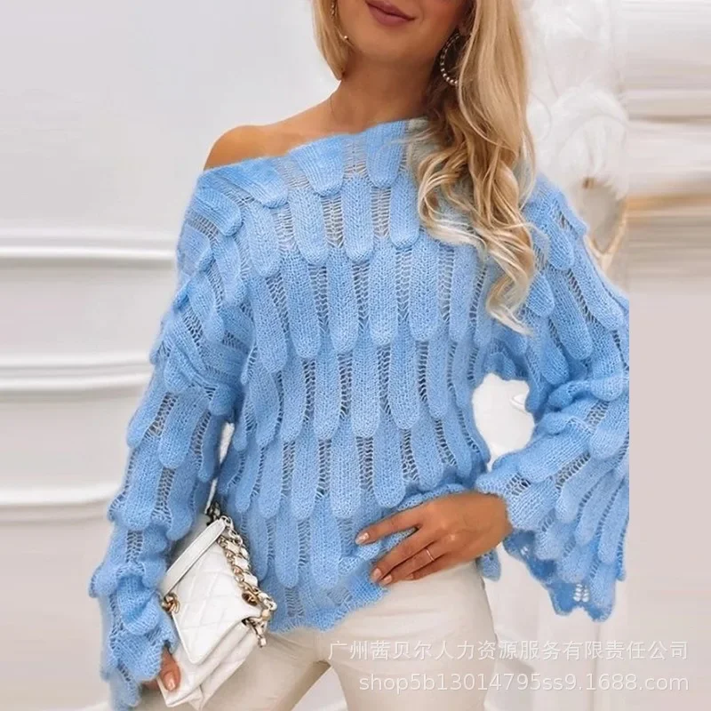 Autumn Winter New Women\'s Elegant Texture Knitted Sweater Can Be Diagonal Collar Wear Casual Fashion Tops