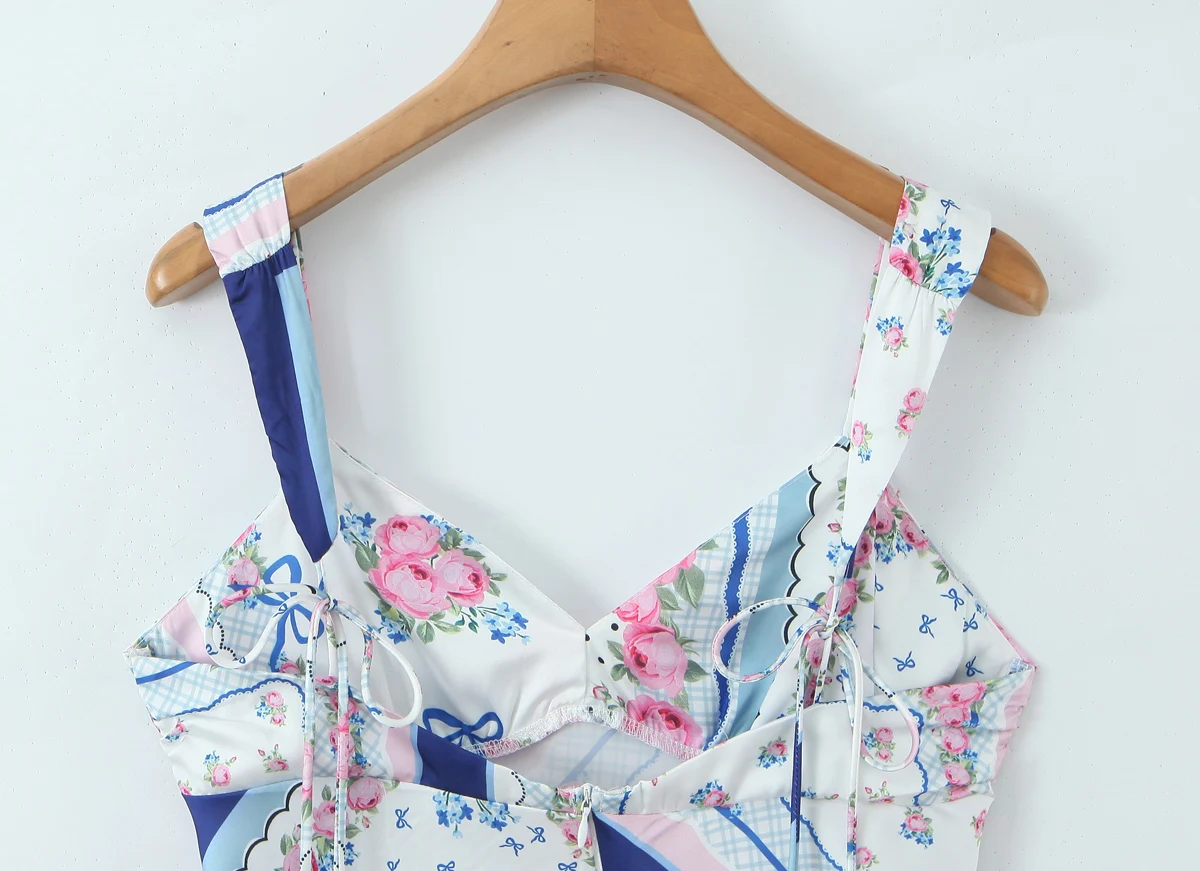 Frauen Blau Floral Gedruckt Mini Kleid Sommer Spaghetti Ärmellose Rüschen Backless Sexy Boho Party Damen Urlaub Kleider Neue