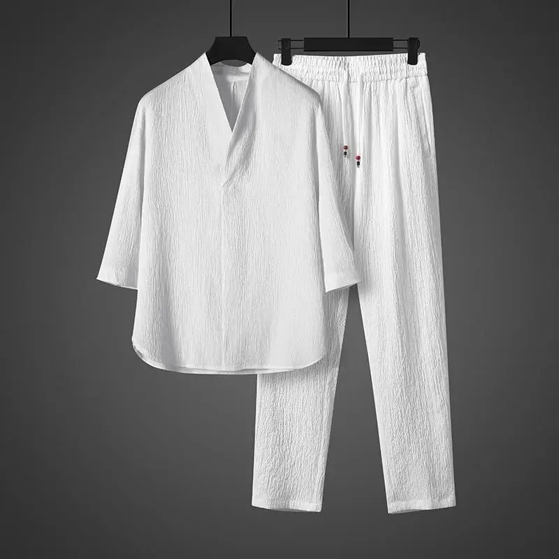 Casual Ice Silk Drape Chinese Style Men's Thin T-shirt Men's Short Sleeved Shirt Summer Loose Oversized Tang Suit Two-piece Set