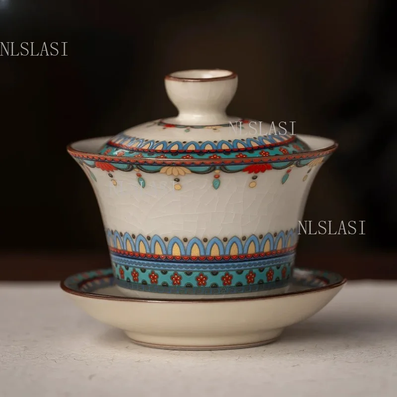 150ml Crackle Glaze Porcelain Gaiwan Tea Set Colorful Geometric Pattern Kung Fu Tea Cup with Lid and Saucer Chinese Teaware