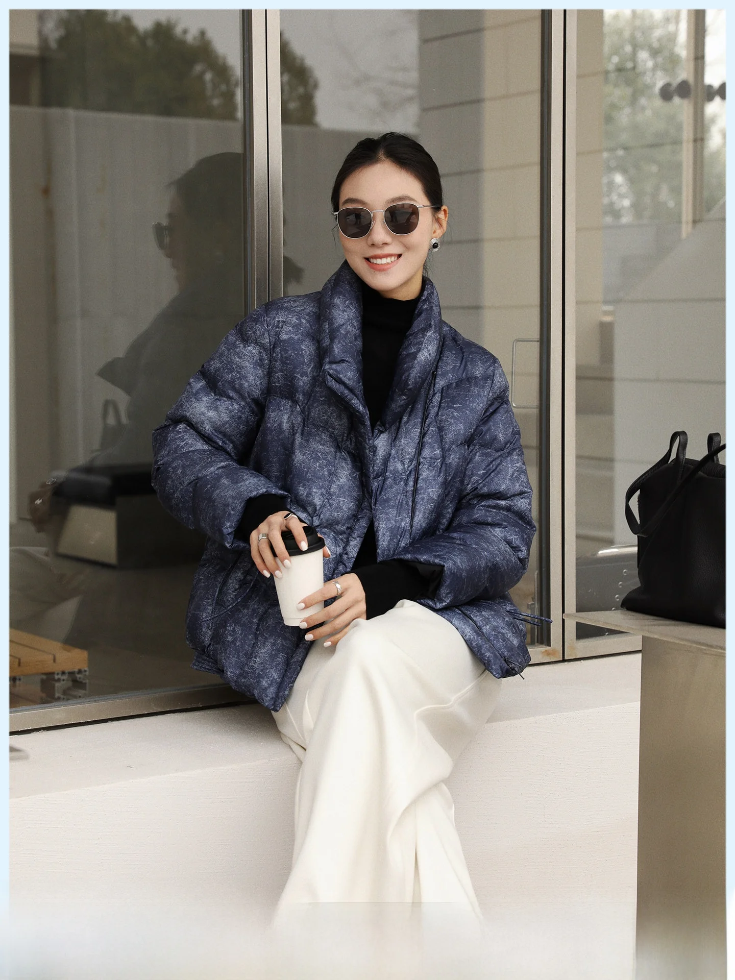 

New Chinese Style Short Goose down Jacket Women's Loose Fit Stand Collar Printed Zipper Casual Warm Winter Outerwear