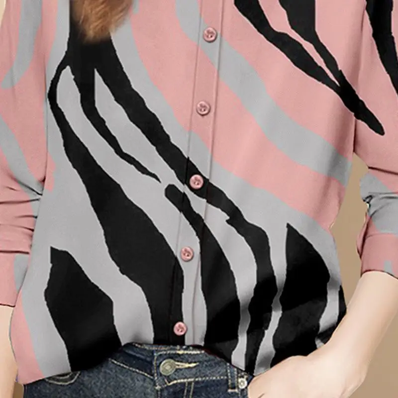 French Style Fashion Spring/Summer Women\'s Polo-Neck Print Contrast Color Single Breasted Elegant Loose Long Sleeve Shirts Tops