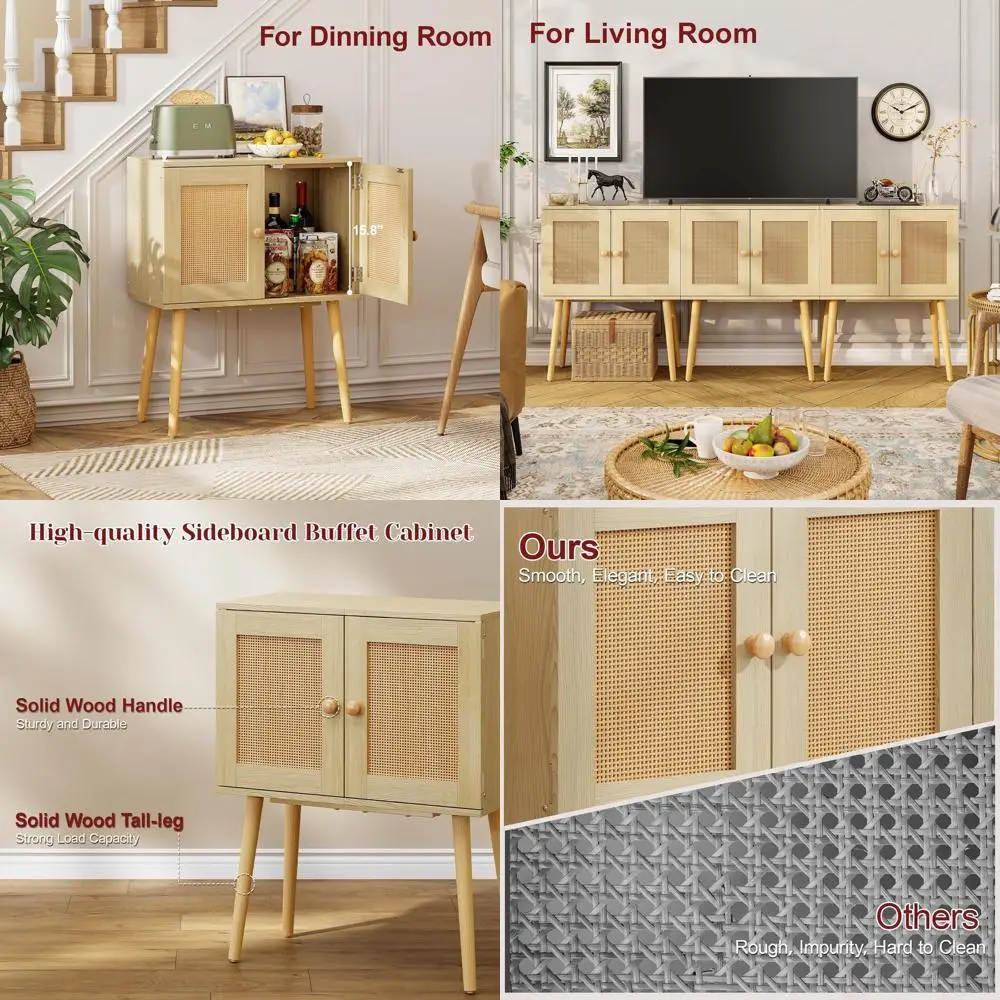 

Buffet Cabinet with Rattan Doors, Tall Wood Legs for Kitchen, Coffee Bar, and Living Room Storage