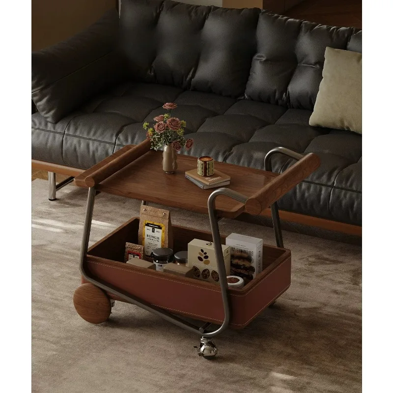 sofa side table, movable coffee table, walnut wood veneer, high-end saddle leather, stainless steel, living room and home use