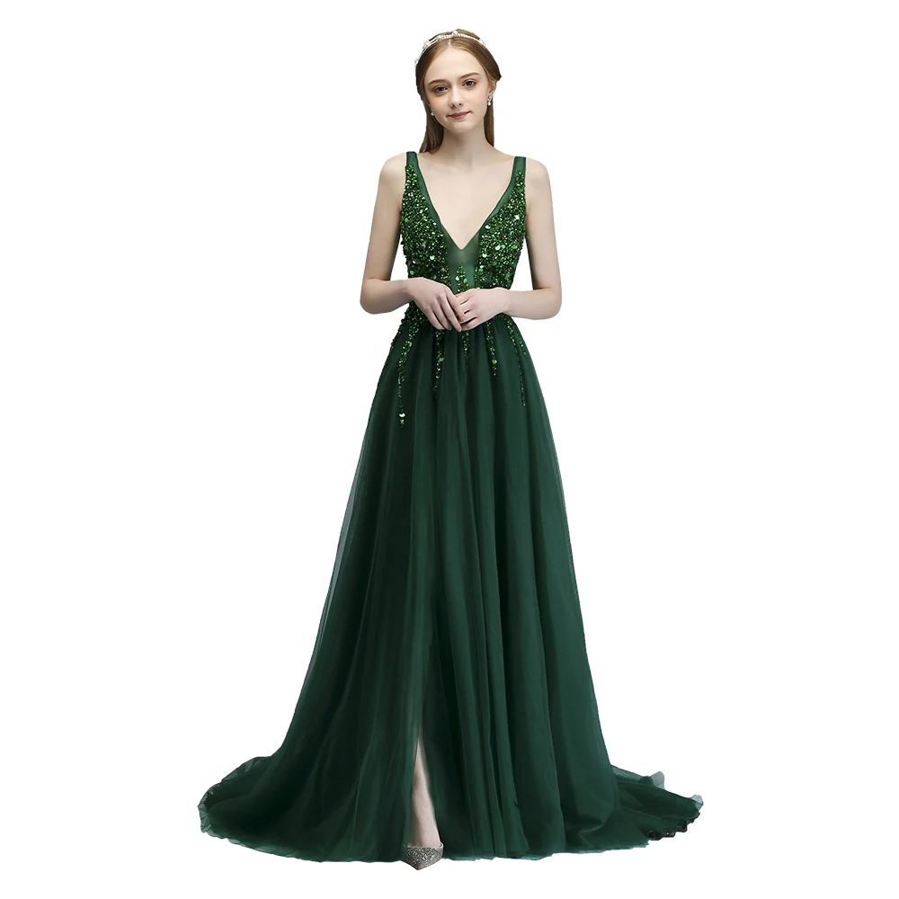 Clearance Customized   Luxury Evening Dress Sexy V-neck Backless Beading Tulle Long Prom Gown Party Formal Dresses Vestidos