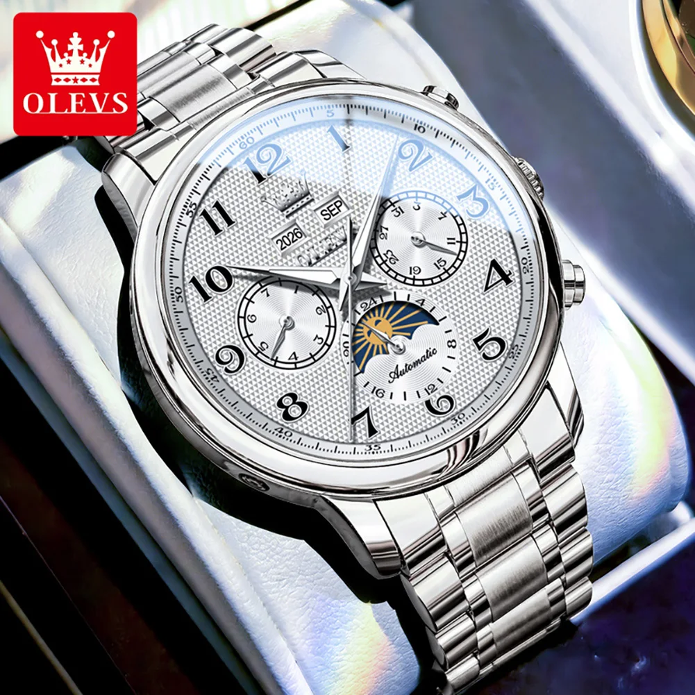 Luxury Silver Men Automatic Watch OLEVS Brand Grid Texture Dial Sun Moon Phase Year Month Full Calendar Stainless Steel Band