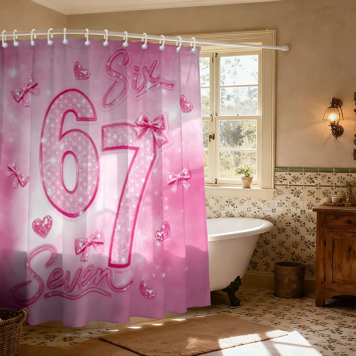 Shower Curtain Pink Glitter Kids Waterproof Bathroom Decor Cute Numbers Six Seven Counting Math Girls Room 180x180cm