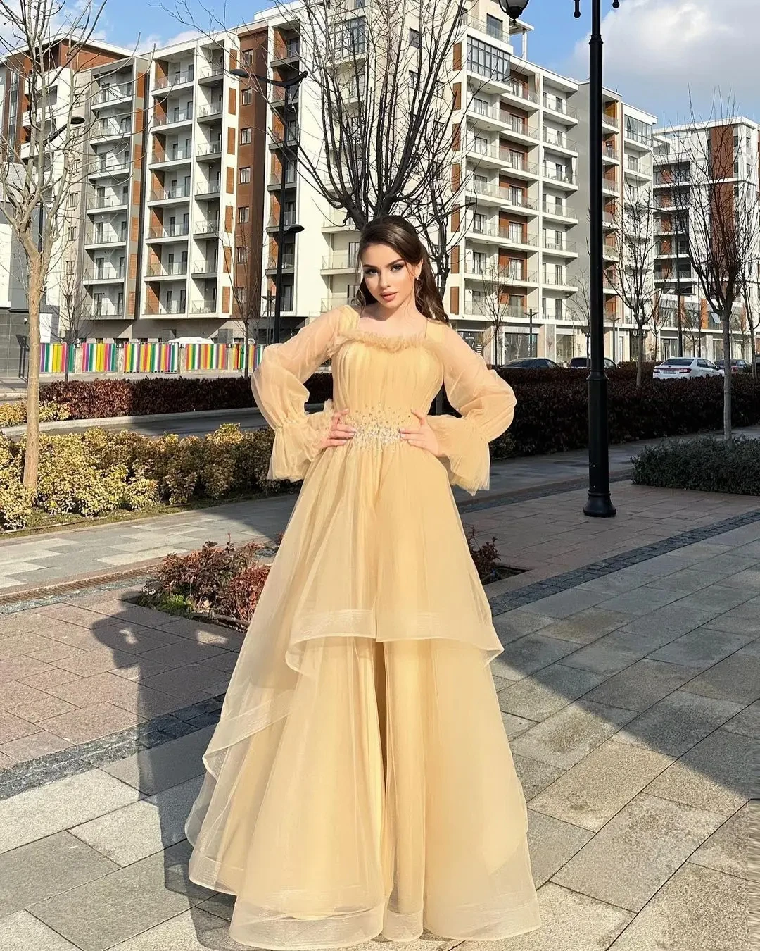 

Fairytale Saudi Arabia quinceanera Prom Dresses Women Evening Dresses Ruffles Beaded Long Sleeves Pageant Party Birthday Gowns