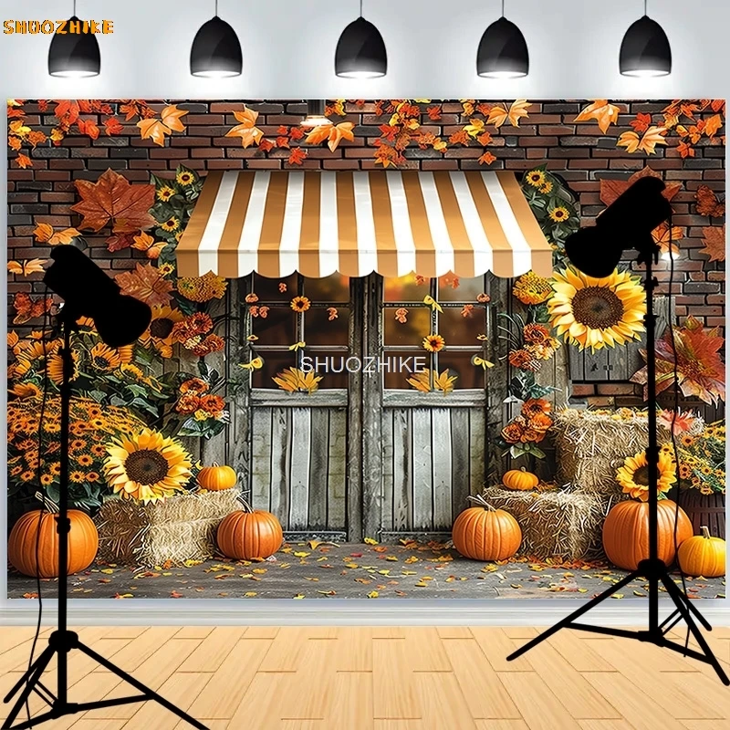 

SHUOZHIKE Autumnal Pumpkins Farm Photography Backdrops Props Halloween Fall Field Maple Leaf Scarecrow Fence Background FM-04