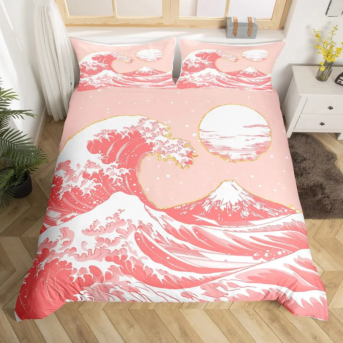 Japanese Wave Duvet Cover Queen Ocean Wave Bedding Set Japanese Ukiyo E Theme Comforter Cover Pink Japanese-Style Quilt Cover