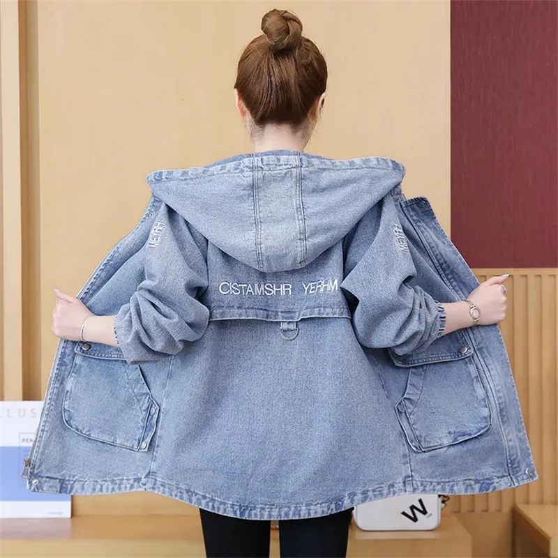 Coreano bordado carta denim windbreak casaco feminino primavera outono com capuz com zíper casacos novo solto casual jeans jaquetas femininas