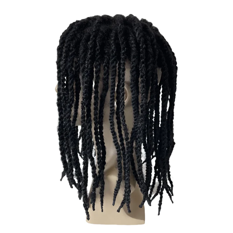 Penggantian Rambut Manusia Perawan Peru # 1 Warna Hitam Jet 12 inci Kepang Putar Afro Unit Renda Penuh Rambut Palsu untuk Pria Kulit Hitam