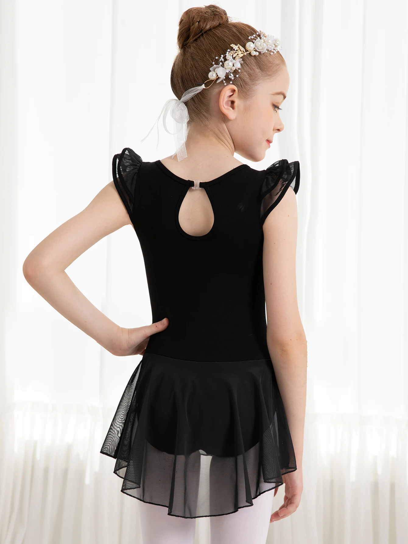 Girl A Ballet Leotard  Ballet Dress With  Water-drop Back Ruffle Sleeve High-Elastic For Dance Performance & Practice Clothes