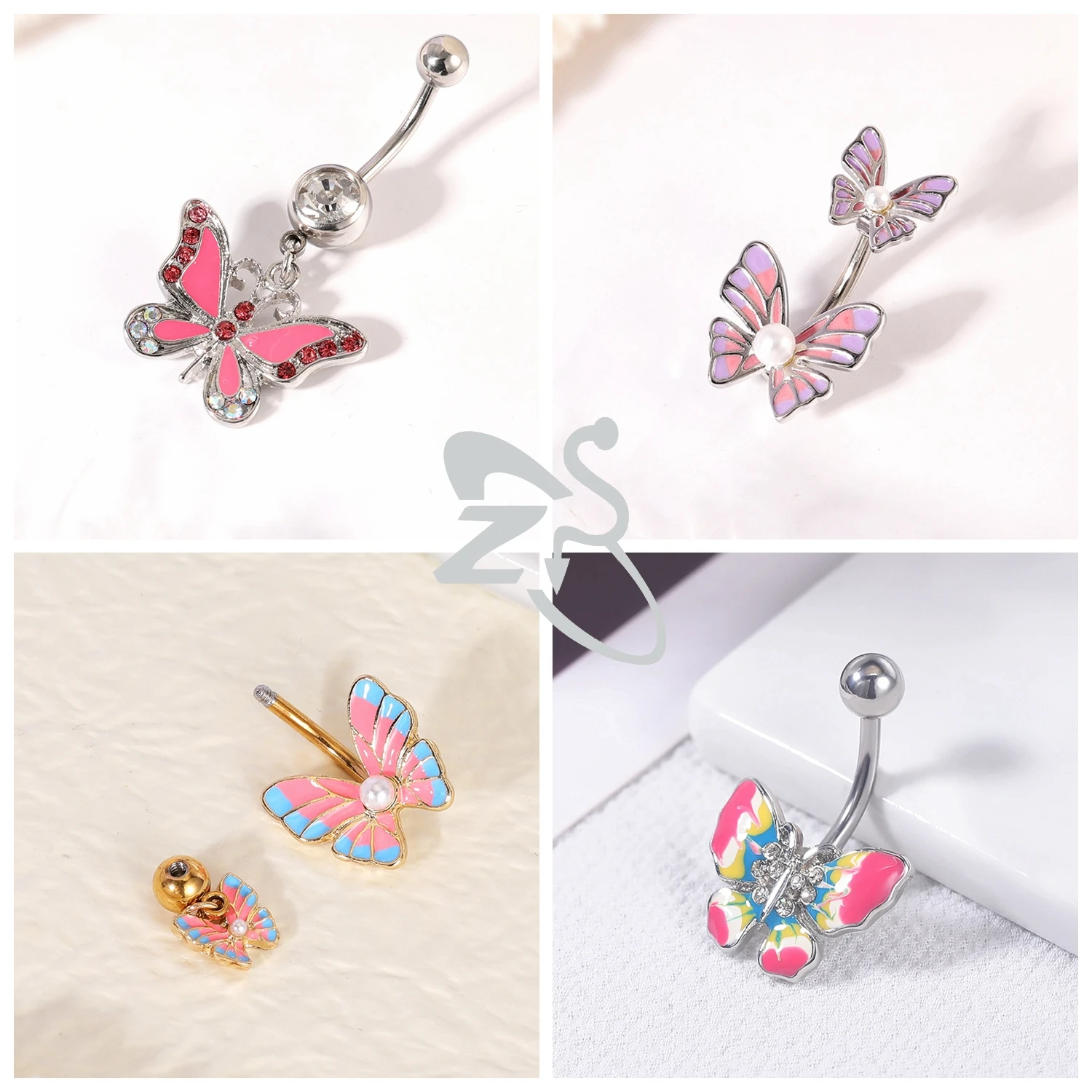 AOEDEJ 1 PC 14G Stainless Steel Belly Button Rings Pink CZ Crystal Pendant Bellys Piercing Women Butterfly Heart Navel Piercings