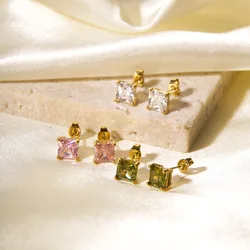 Classical Daily 18K Gold Plated Stainless Steel Sqaure CZ Stone Stud Earring For Women Waterproof Party Wedding