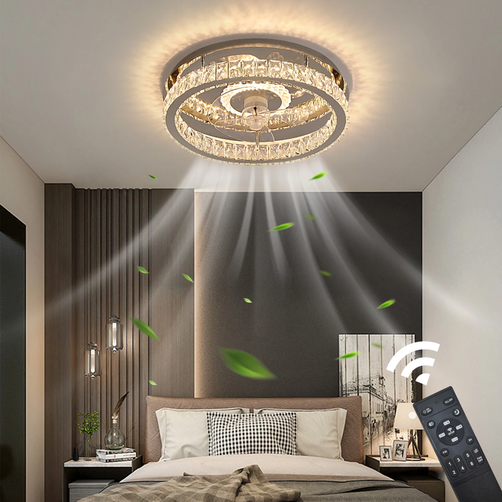 Dimmable LED cristal ventilador de teto com luzes, perfil baixo, luz do ventilador, montagem nivelada, controle remoto, Hotel