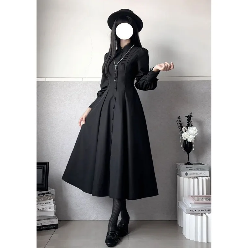 Dress Long Sleeves Women's Spring/Autumn French Style Gothic Elegant Distinctive Puff Sleeves Fitted Waist Full Skirt New Casual