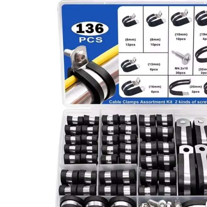 136PCS 304 Stainless Steel Rubber Cushioned Cable Clamp Holder Kit Assortment For Pipe Wire Management In Auto Ship Home Industr