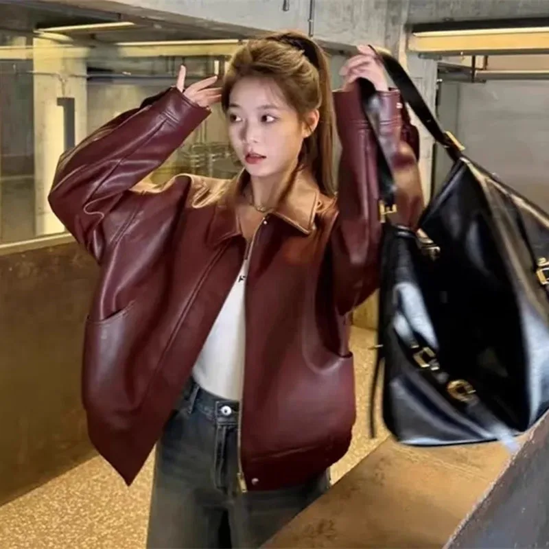 Spring Ladies Fashion Casual Faux Leather Jacket Korean Women Patchwork Loose PU Leather Outwear Autumn Female Long Sleeves Coat